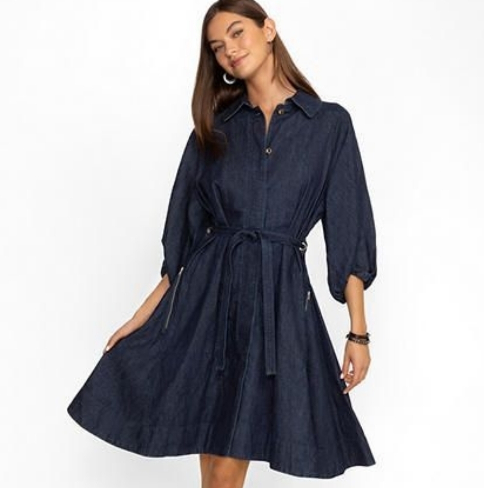 Dark Blue Denim Shirt Dress with Tie Waist